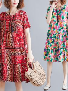 Retro Cotton Lin Womens Dress Summer New Short Sleeve Loose Slimming Midi plus Size Floral Print Casual Style A-Line Skirt