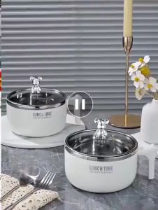 Bát Ăn Mì Lunch Time Ca Úp Mì Đa Năng Có Nắp Hình Gấu Bạc Cao Cấp Thiết Kế Tay Cầm Tiện Lợi