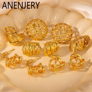 ANENJERY 316L Stainless Steel Irregular Lines Beads Heart Ellipse Earrings For Women French Fashion Jewelry Gifts Wholesale