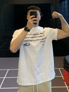 Quick Dry American Style Letter Print T-Shirt Mens Fitness Training Clothes Breathable Moisture Wicking round Neck Short Sleeve