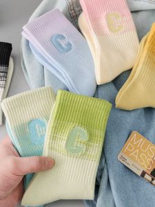 Womens Mid-Calf Cotton Socks Letter Gradient Color Sport Style Pure Cotton Spring Autumn Seasonal Socks Reduction 20