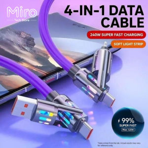 Miro 4-IN-1 240W Fast Charging Cable with Colour Breathing LED Light Silicone Breathable Light. Anti-Folding and Durable Design Suitable for All Kinds of Devices such as Phone Laptops and earbuds