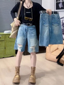 plus Size Ripped Denim Shorts Women Summer Thin High Waist Five-Quarter Length Casual Style Breathable Cool Sensation Jeans