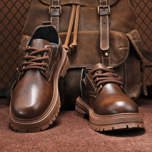 Mens Casual Martin Boots Retro British Style Thick Bottom Leather Shoes Autumn Winter Low Top Workwear Trendy Footwear