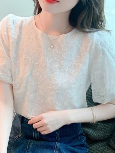 Sweet Short Sleeve Chiffon Top Womens Summer New Style  Korean Version Bubble Sleeve Lace Shirt T-Shirt Small Shirt