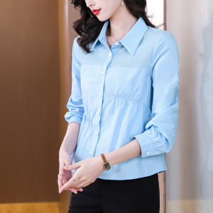 เสื้อเชิ้ตแขนยาวสำหรับผู้หญิง ทรงเข้ารูป ปกโปโล คอกลม ทรงหลวม ผ้าฝ้ายผสมโพลีเอสเตอร์ สีพื้น แฟชั่นฤดูใบไม้ผลิและฤดูใบไม้ร่วง