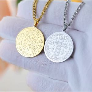 Saint Benedict Medal Necklaces Stainless Steel Double-sided Engraving Exorcism Cross Prayer Catholic Women Men Amulet Jewelry