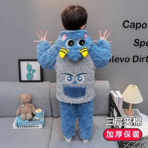 Kids Pajamas Winter Thickened Boys Three-Layer Quilted Boys Cartoon Hooded Baby Winter Coral Fleece Suit