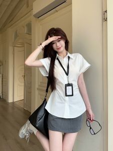 Chic White Short Sleeve Polo Shirt Womens Slim Fit Design Sensation Winter Fashion Korean Style Breathable Skin-friendly Slimming Top