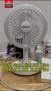 Quạt Sạc Mini Để Bàn SUNHOUSE SHD7114 – Pin 2400mAh Chạy Êm Có Đèn Ngủ Phù Hợp Mọi Không Gian