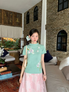 Spring  Mint Green Embroidered Stand Collar Knitted Outfit