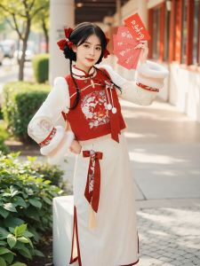 Red Chinese Style Womens Cheongsam Vest Set Fleece Lined Wedding Dress Party Dress Warmth Assured Mid-Length Skirt