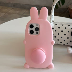 Folding Bracket Kickstand Soft Silicone Phone Case for iPhone 13 14 15 16 Pro Max 3D Cute Rabbit Pink Bunny Shockproof Cover