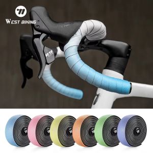 WEST BIKING Xe đạp đường trường xử lý băng cuốn chống trượt chống sốc màu gradient ghi đông xe đạp Dây đeo PU bẩn chống thanh tay cầm băng cuốn với chốt đầu thanh