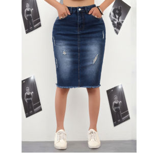Womens Deep Blue Casual Versatile Tear Hem Denim Skirt Mid-Length Wrap Around Spring Summer Autumn Suitable for Casual