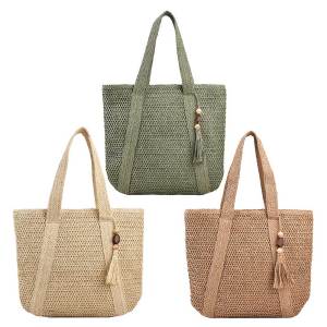 【Chinatera】Hand-Woven Handbags Summer Straw Woven Bag Fashion Handmade Simple Large Capacity with Tassel Pendant Casual Tote Purses