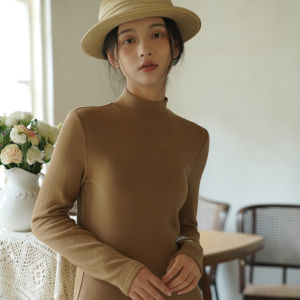 High Elastic Warm Womens Fleece Lined Base Shirt Slim Fit Long Sleeve Thermal Top Pure Color Straight Cut T-shirt