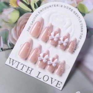 24Pcs French 3D White Bowknot Press On Nails Medium Almond False Nail Tips With Pearl Sweet Summer Wearable Y2K Fake Fingertips