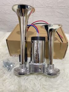 Còi hơi ô tô xe tải. Còi sinh hơi 2 loa mạ Crom dành cho xe không có bình hơi. Điện 12v và 24v