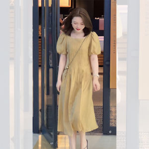 Elegant Casual Loose Solid Color Womens Dress Summer 2025 New French Style High Waist A-Line Skirt Bubble Sleeve Long Dress