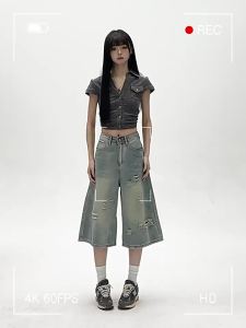 MZVZ | Vintage Holes 7/8 Length Denim Pants Women Summer Loose High-Waist Wide Leg