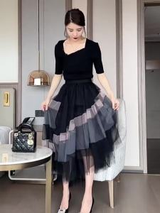 Drapery Pleated Tulle A-Line Mid-Length Skirt
