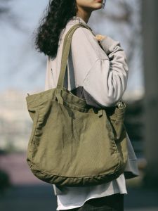 Casual Canvas Tote Bag Womens Large Capacity Shoulder Bag Artistic Leisure Style Korean Fashion Soft Polyester Lining