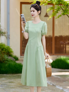 Elegant High Waist Cotton Dress Womens Summer 2025 New Style Bubble Sleeve Pleated Slimming Long Dress Fresh Green Color