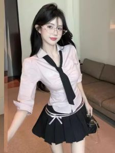 GUZILIAN | Sweet Pure Desire School Uniform Shirt And Half Skirt Set Slim Fit Pleated Turn-down Collar Design Korean Style Commute Fashion