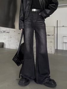 High Street Trendy Mens Jeans High Waist Zipper Closure Straight Leg Grey Color Bell Bottoms Retro Floor-Length Casual Wear