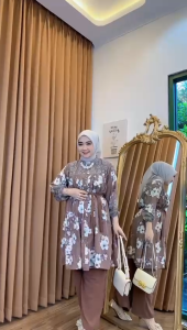 K-FASHION Setelan Tunik Set Wanita Muslim Terbaru non Hijab Rayon Premium Pakaian Dewasa Kekinian Busui Frendly Adsa ikat Pinggang Lepas Pasang Motif Amanda