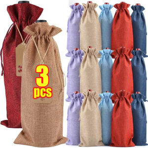3Pcs Christmas New Year Party Champagne Red Wine Drawstring Linen Wine Bottle Packaging Bags Decor Gift Supplies 15x35cm