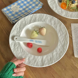 White Ceramic Pasta Plate Rock Texture Home Use Dining Utensils Salad Soup Dish Popular Internet Plate Japanese Style round Bowl