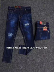Celana Jeans Pria Cowok Model Sobek Lutut Whisker Ripped Distro Bahan Melar Ukuran 28 Sampai 38 Panjang Denim