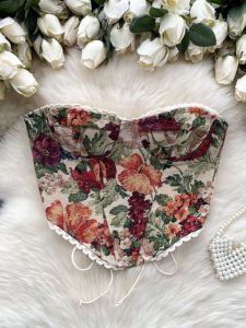 Áo Vest Hở Lưng in Họa Tiết Sơn Dầu Kiểu Pháp Cho Nữ Áo Vest Ngắn Bó Sát Áo Lót Mùa Hè 2024 Áo Vest Hở Lưng