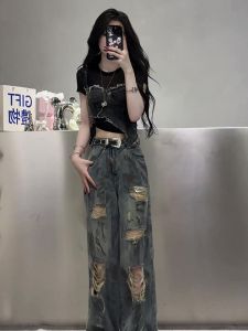 กางเกงยีนส์ขาดๆ ทรงหลวม ทรงขาบาน กางเกงขายาวผู้หญิงไซส์ใหญ่ สไตล์อเมริกันย้อนยุค กางเกงยีนส์ฤดูร้อน ทรงเข้ารูป