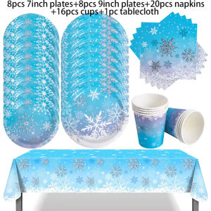 Snowflake Frozen Disposable Tableware Set Paper Plate Cup Napkin Banner Tablecloth Wonderland Snow Theme Birthday Party Decor