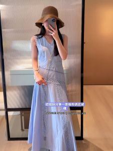 New 2025 Blue Lace Splicing Sleeveless Dress Womens Summer Fashionable Unique Beautiful Long Tea Break Skirt Korean Style