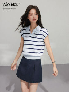 Summer New Stripe Polo Neck Waist-cinching Knitted Top