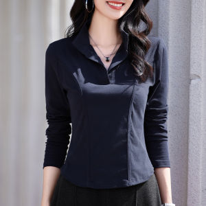 Slimming Long Sleeve Polo Collar T-Shirt Womens Fashion Spring Commute Style Splice Design Cotton Blend Comfortable Base Top