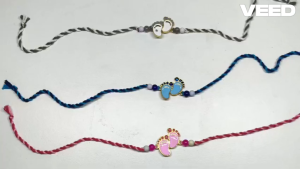 Baby Footprint Rakhi Set for Kids – Pink Blue & Grey Designer Raksha Bandhan Thread Rakhi with Beads Cute Baby Feet Charm Gift (Pack of 1 Pc)
