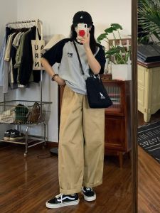 Khaki Workwear Pants Womens Spring Autumn Thin Loose Wide Leg Pants Casual Straight Leg Slimming Lazy Casual Trousers