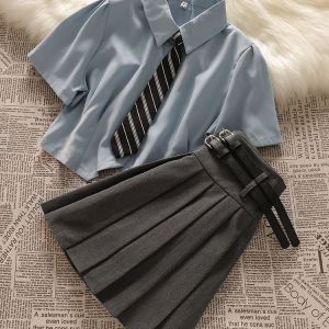 Childrens Preppy Style Suit Short Sleeve Shirt Top Student Childrens Clothing High Waist Pleated Skirt Two-piece Set Girl