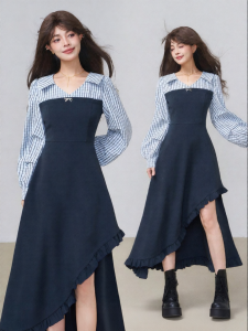 KEIKO | Elegant Checkered Colorblock Faux Two-Piece Irregular Long Dress