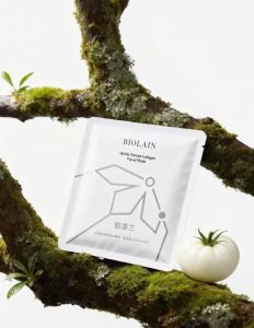 BIOLAIN White Tomato Collagen Facial Mask - White Tomato Extract - Whitening - Collagen - Hydrating - Anti-Aging - Natural Ingredients Instant brightening after 1 sheet. Fairer and brighter skin in 4 weeks! 5 sheets per box. 25 mL Biomato extracts/sheet