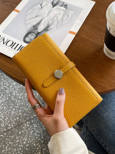 2024 New Womens Long Leather Wallet Top Layer Cowhide Simple Large Capacity Can Hold Mobile Phone Drawstring Silver Bag