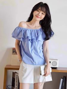 French Style Loose Fit Blue Striped Short Sleeve Shirt Womens Shoulder Bared One-Shoulder Design Sensation Lace Trim Blouse