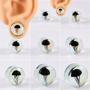 1-2PCS Black Jellyfish& Transparent Foil Decorating Glass Ear Plugs Tunnel Weight Solid Earrings Strengthed Piercing Earring