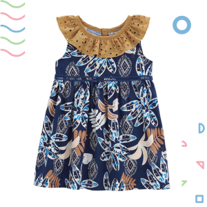 Váy bé gái mùa hè 18 tháng - 4 tuổi PETIT BEGUIN sát nách cổ áo diềm thêu cotton màu xanh hải quân đầm xuất dư bé gái