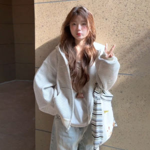 Homecore | Korean Style Striped Hooded Cardigan Short Jacket